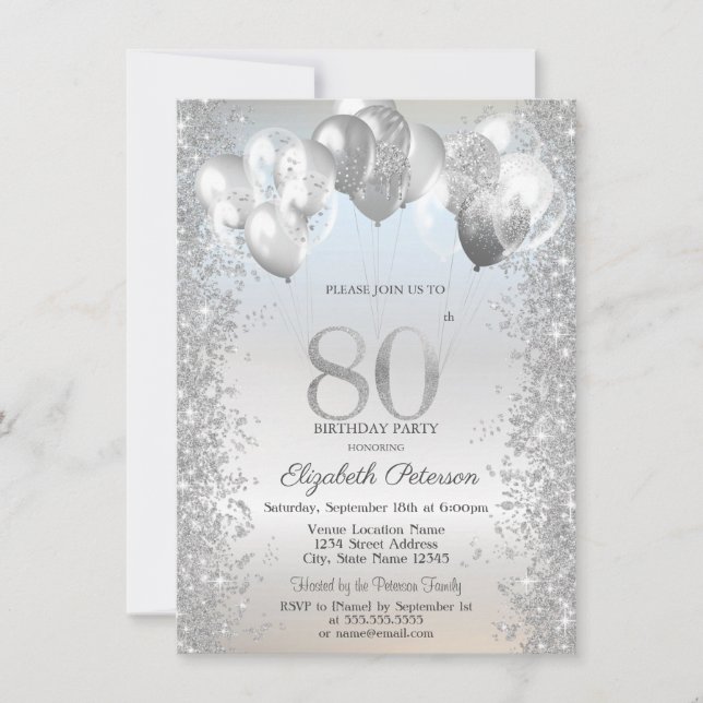 Silver Glitter Confetti Balloons 80th Birthday Invitation (Front)