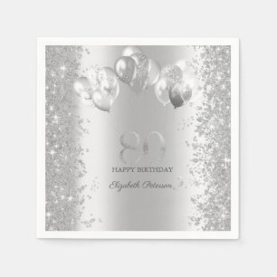 Silver Glitter Confetti Balloons 80th Birthday Napkins