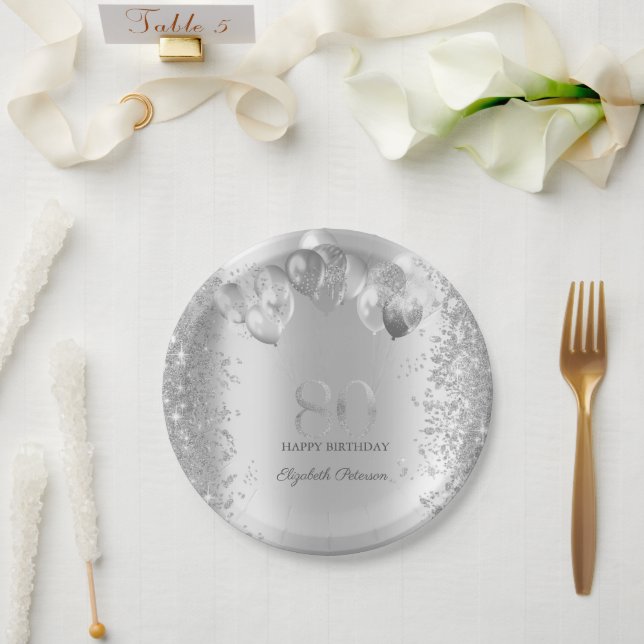Silver Glitter Confetti Balloons 80th Birthday Paper Plates (Wedding)