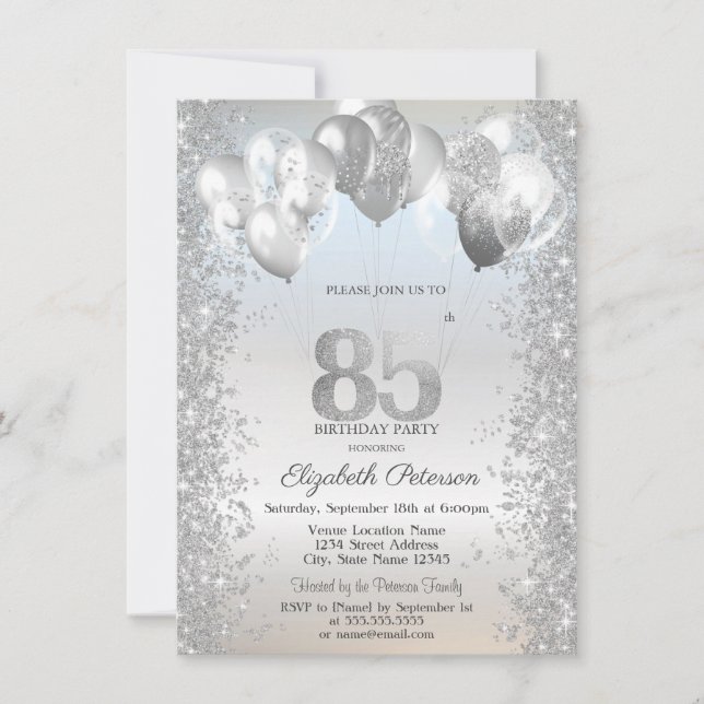 Silver Glitter Confetti Balloons 85th Birthday Invitation (Front)