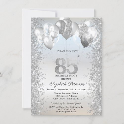 Silver Glitter Confetti Balloons 85th Birthday Invitation