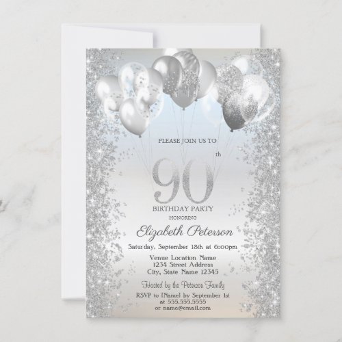 Silver Glitter Confetti Balloons 90th Birthday Invitation