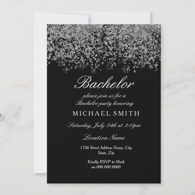 Silver Glitter Confetti Black Bachelor Party Invitation (Front)