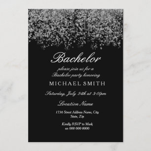 Silver Glitter Confetti Black Bachelor Party Invitation