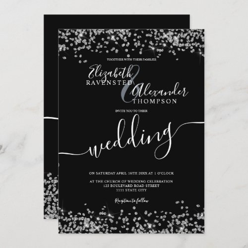Silver glitter confetti black chic wedding invitation