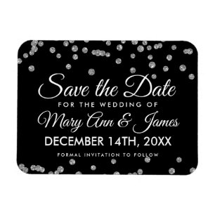 Silver Glitter Confetti Black Wedding Save Date Magnet