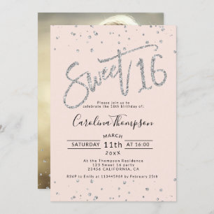 Silver glitter confetti blush Sweet 16 photo Invitation