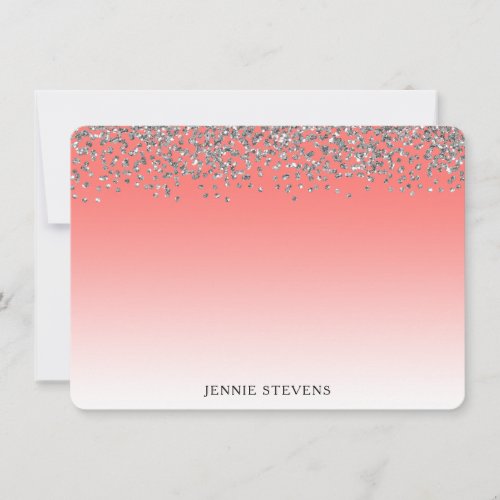 Silver Glitter Confetti  Coral Ombre Personalized Note Card