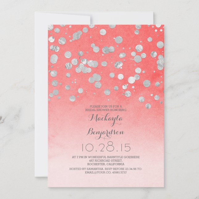 silver glitter confetti coral pink bridal shower invitation (Front)