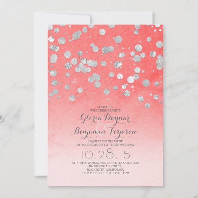 silver glitter confetti coral pink wedding invites (Front)