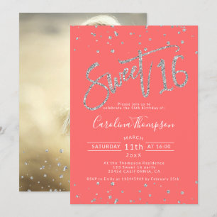 Silver glitter confetti coral Sweet 16 photo Invitation