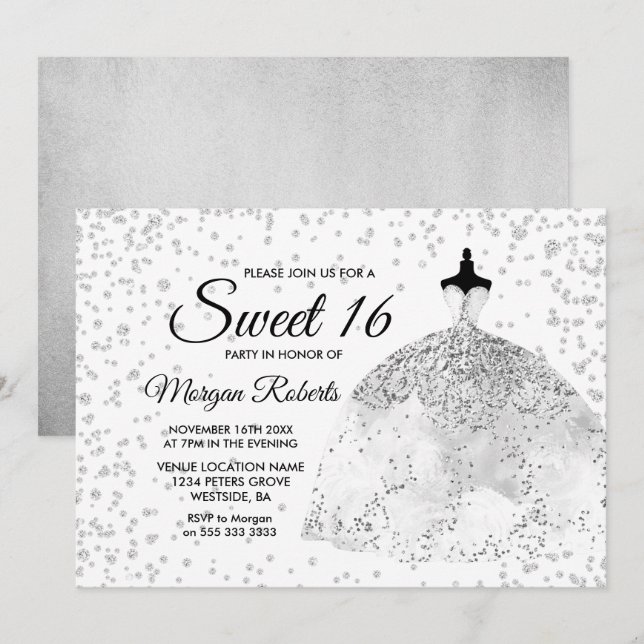 Silver Glitter Confetti Dress Sweet 16 Invite (Front/Back)
