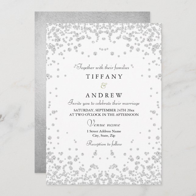 Silver Glitter Confetti Elegant Wedding Invitation (Front/Back)