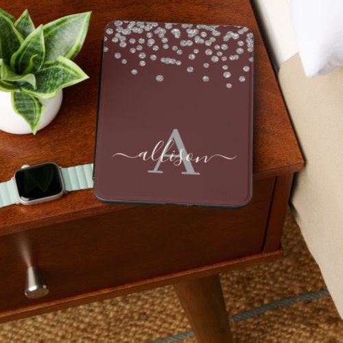 Silver Glitter Confetti Monogram Script Burgundy Kindle Cover
