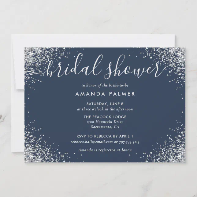 Silver Glitter Confetti Navy Blue Bridal Shower Invitation Zazzle