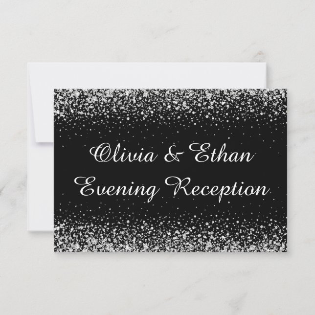 Silver Glitter Confetti on Pure Black evening  RSVP Card (Front)