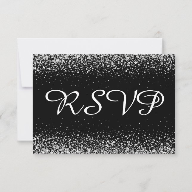 Silver Glitter Confetti on Pure Black RSVP Card (Front)