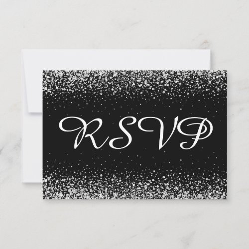 Silver Glitter Confetti on Pure Black RSVP Card