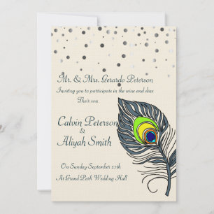 Silver Glitter Confetti Peacock Feathers Wedding Invitation