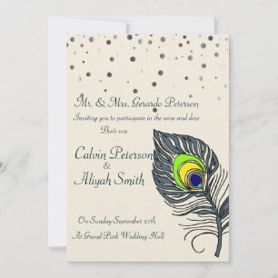 Silver Glitter Confetti Peacock Feathers Wedding Invitation
