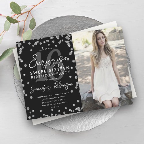 Silver Glitter Confetti Photo Surprise Sweet 16  Invitation