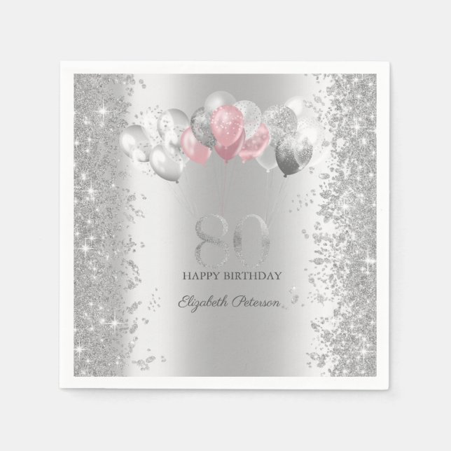 Silver Glitter Confetti Pink Balloons 80th  Napkins (Front)