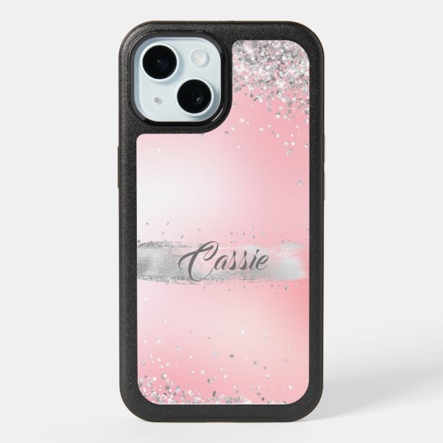 Silver Glitter Confetti Pink Glow iPhone 15 Case (Back)