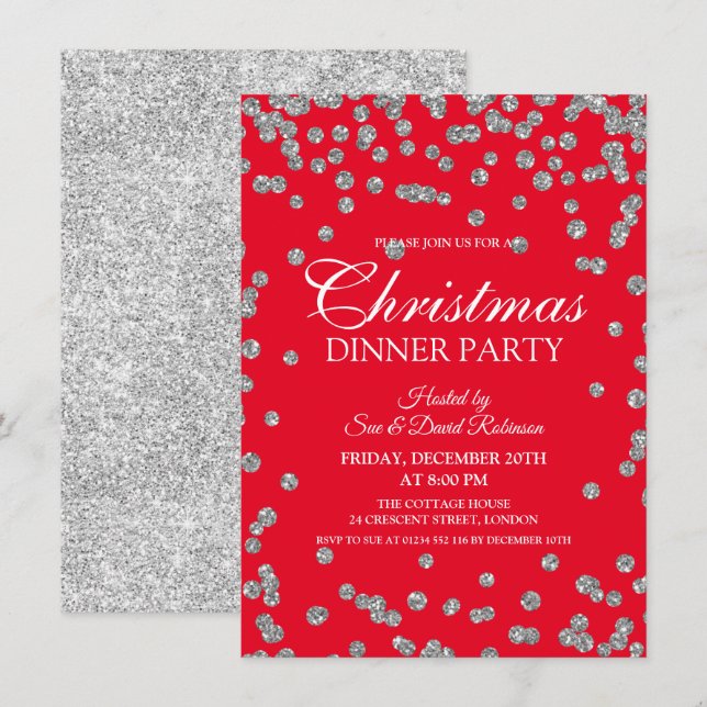 Silver Glitter Confetti Red Christmas Holiday Invitation (Front/Back)
