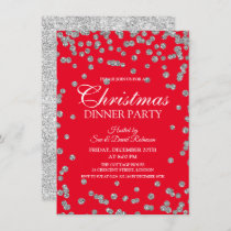 Silver Glitter Confetti Red Christmas Holiday Invitation