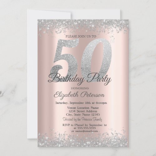 Silver Glitter Confetti Rose Gold 50th Birthday  Invitation