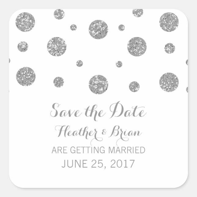 Silver Glitter Confetti Save the Date Stickers (Front)