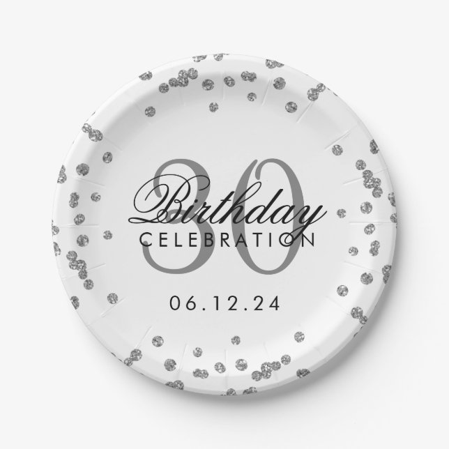 Silver Glitter Confetti White 30th Birthday Paper Plates (Front)