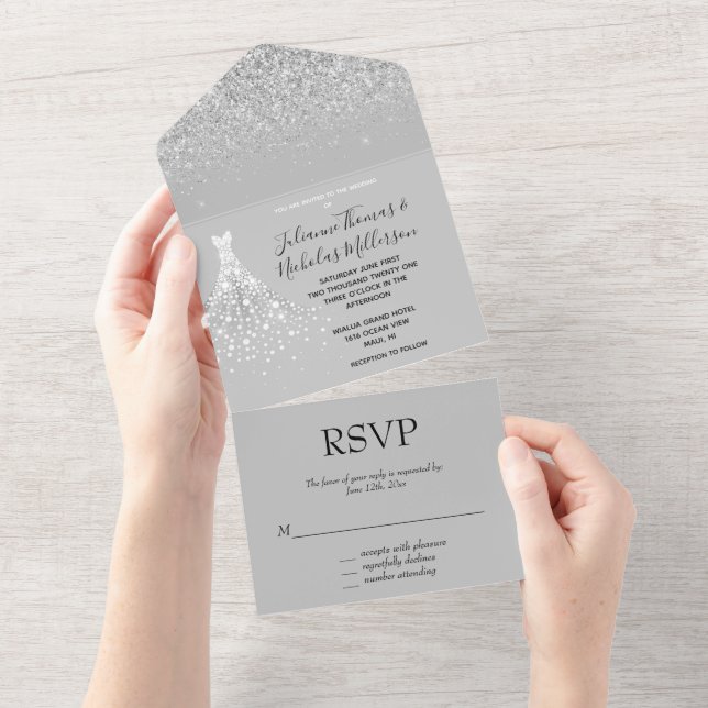 Silver Glitter Confetti White Diamond Dress All In One Invitation (Tearaway)