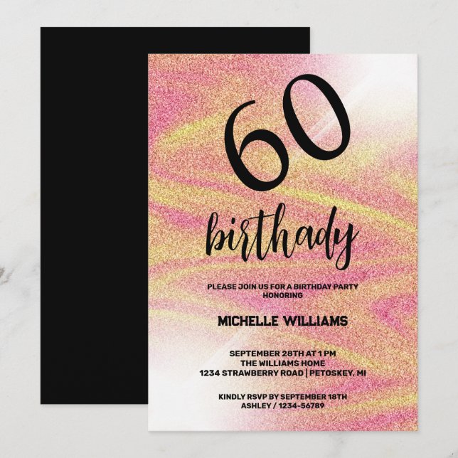 Silver Glitter Coral Calligraphy Birthday Invitation (Front/Back)