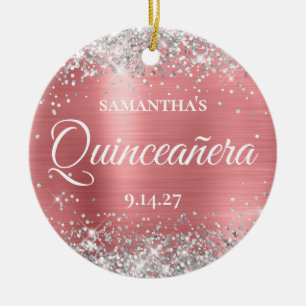 Silver Glitter Coral Glam Quinceañera Photo Ceramic Ornament