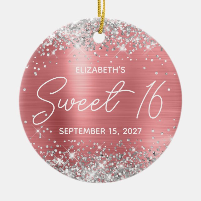 Silver Glitter Coral Modern Fancy Sweet 16 Photo Ceramic Ornament (Front)
