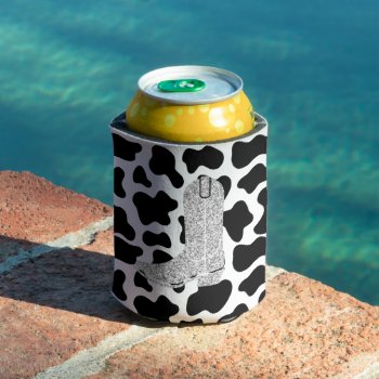 Silver Glitter Cowgirl Boot Cow Print Background  Can Cooler by coffeecatdesigns at Zazzle
