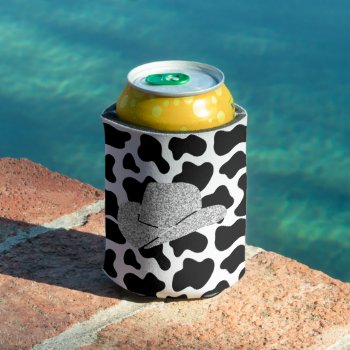 Silver Glitter Cowgirl Hat Cow Print Background Can Cooler by coffeecatdesigns at Zazzle