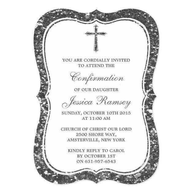 Silver Glitter Cross Holy Communion Confirmation Invitation