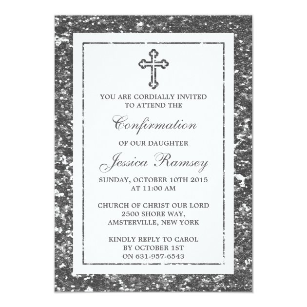 Silver Glitter Cross Holy Communion / Confirmation Invitation