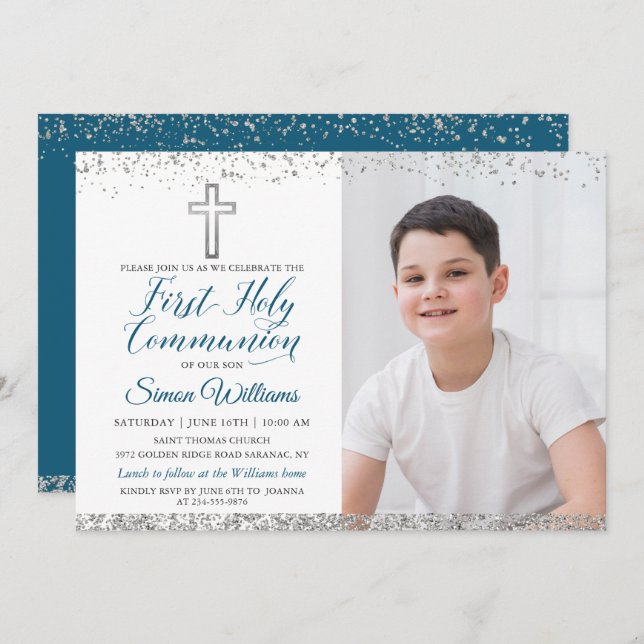 Silver Glitter Cross Script First Communion Photo Invitation (Front/Back)