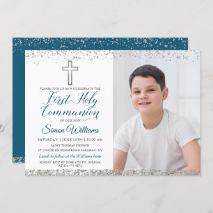 Silver Glitter Cross Script First Communion Photo Invitation