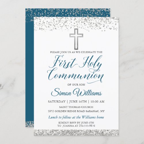 Silver Glitter Cross Script First Holy Communion Invitation