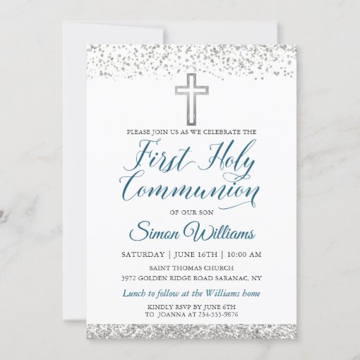Silver Glitter Cross Script First Holy Communion Invitation | Zazzle