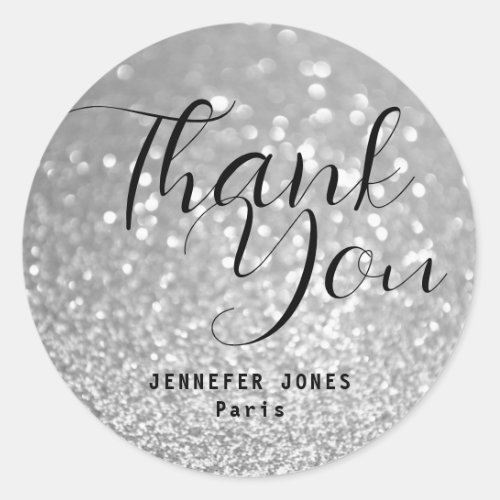 Silver Glitter Crystal Bokeh Thank You Shipping  Classic Round Sticker