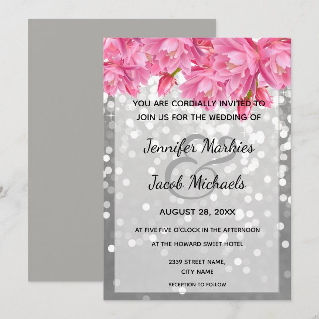 Silver glitter crystals pink floral wedding invitation (Front/Back)
