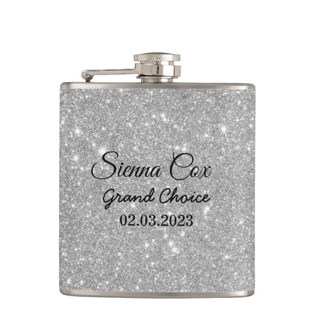 Silver Glitter Custom Name  Flask (Front)