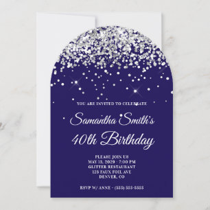 Silver Glitter Dark Blue Photo 40th Birthday Invitation