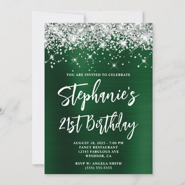 Silver Glitter Dark Green Foil Bold 21st Birthday Invitation (Front)