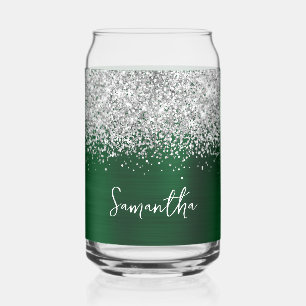 Silver Glitter Dark Green Glam Name Can Glass